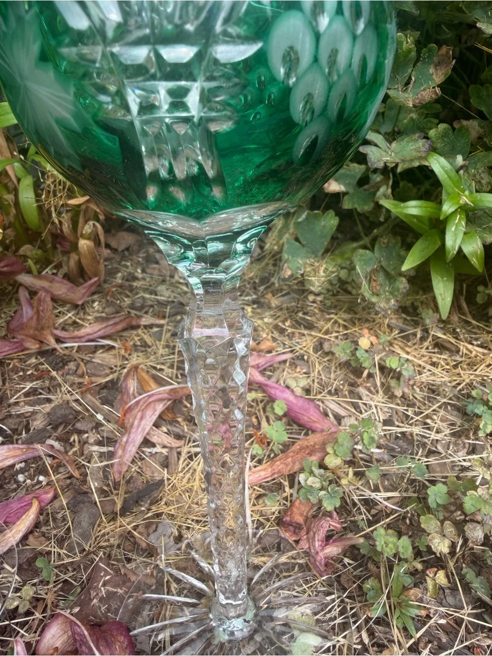 Green Cut Glass Wine Goblets - Set of 2